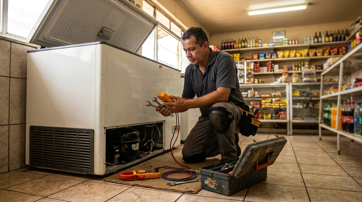 Técnico realizando manutenção de motor de freezer em Campos Elísios, Anápolis‑GO
