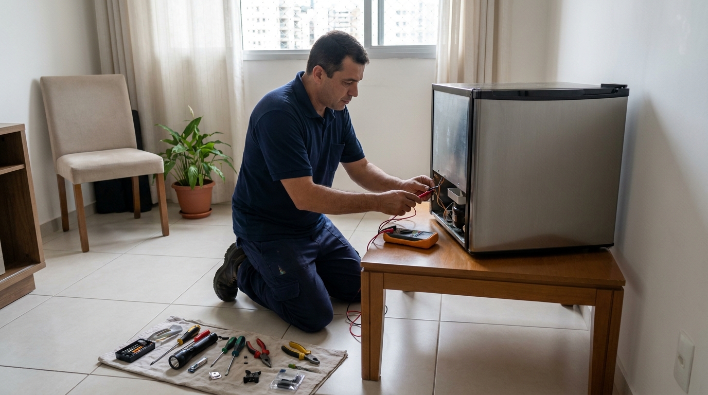 Técnico realizando manutenção de motor de frigobar no Jardim Arco Verde, Anápolis‑GO