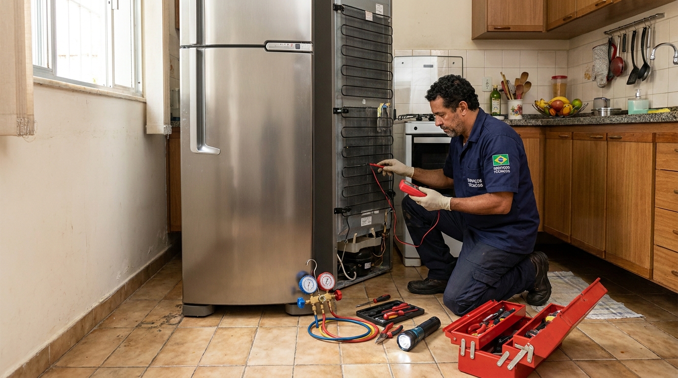 Técnico realizando manutenção de motor de geladeira no Jardim Goiano, Anápolis‑GO