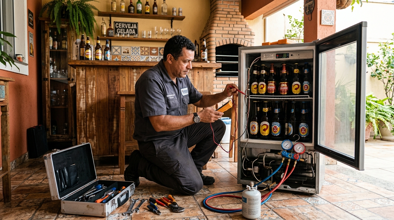 Recarga de gás refrigerante em cervejeira em atendimento no Conjunto Eldorado, Anápolis‑GO