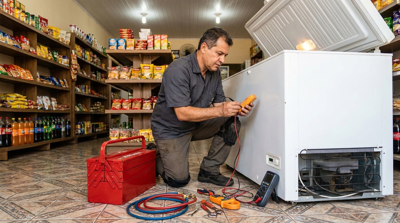 Recarga de gás refrigerante em freezer em atendimento em Campos Elísios, Anápolis‑GO