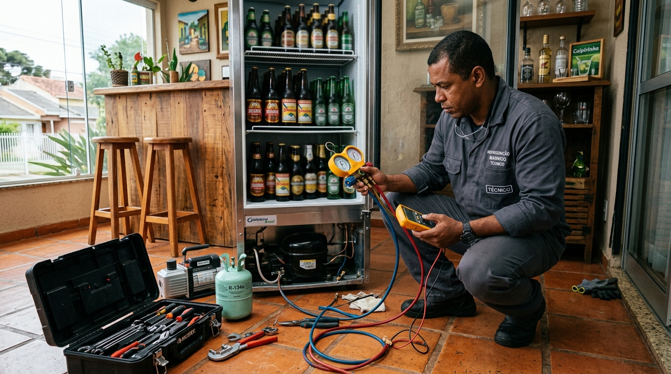 Técnico de conserto de cervejeira em residência no Conjunto Eldorado, Anápolis‑GO