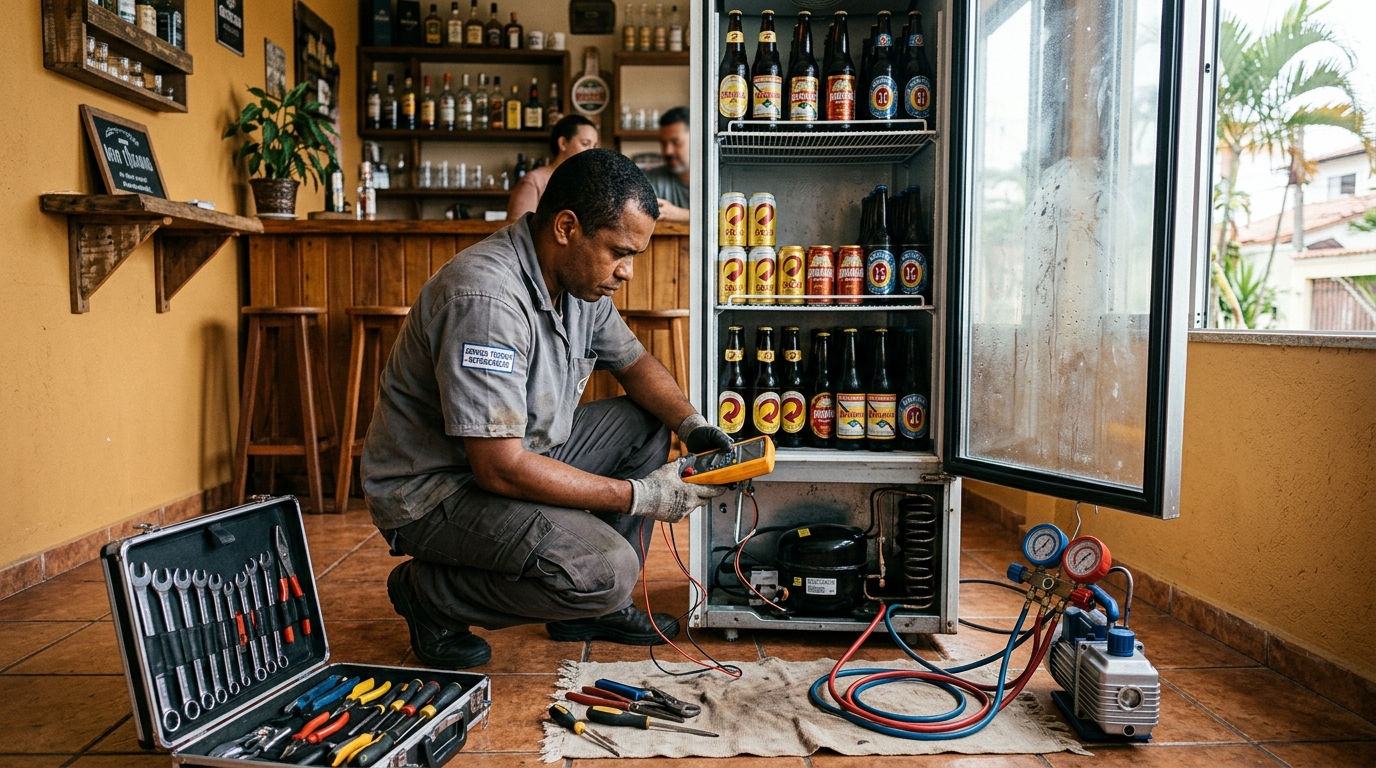 Troca de termostato de cervejeira em atendimento técnico no Conjunto Eldorado, Anápolis‑GO
