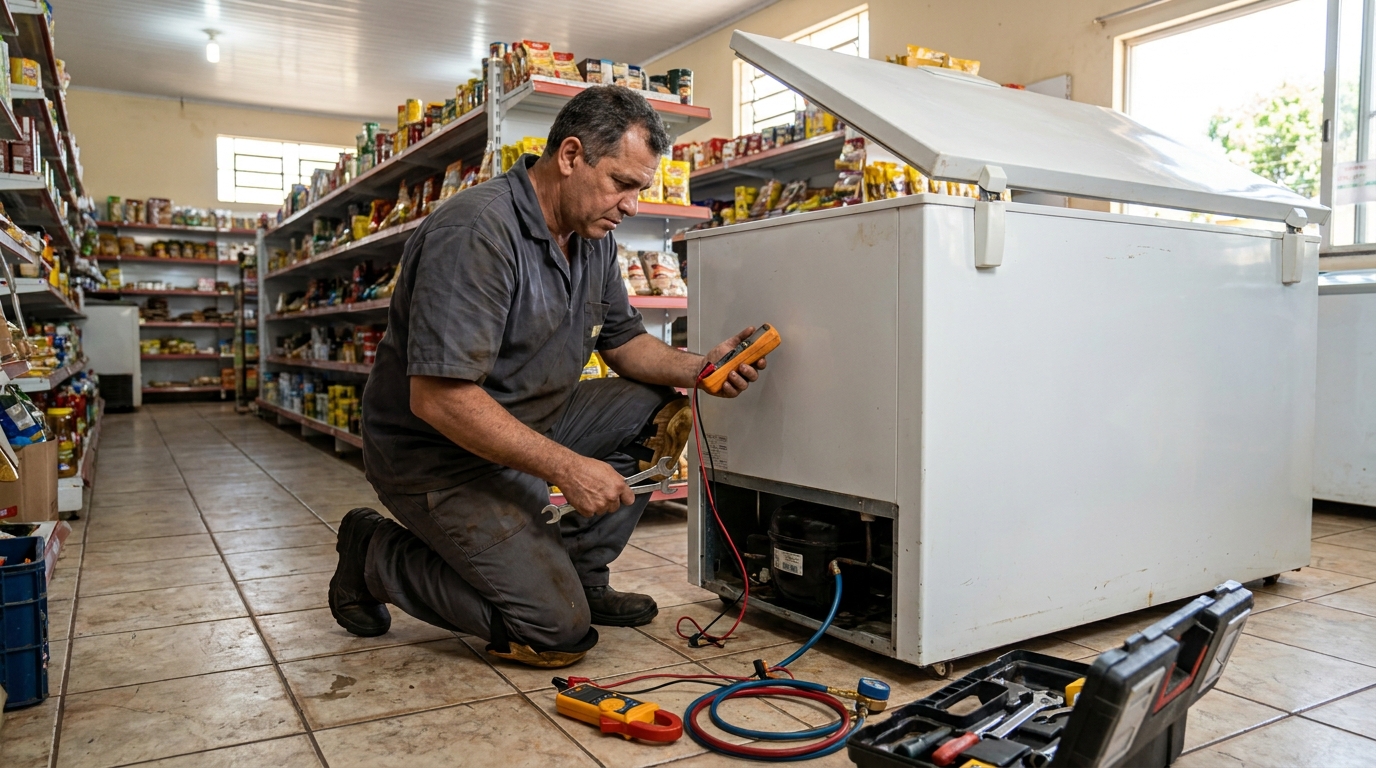 Troca de termostato de freezer em atendimento técnico em Campos Elísios, Anápolis‑GO